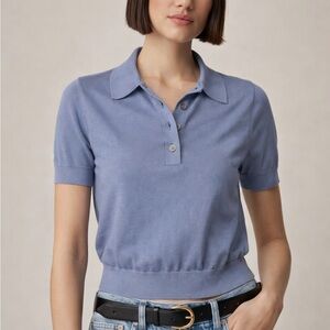 J. CREW Coastal Blue Cropped Fine Knit Cotton Polo Shirt Sweater Size Medium